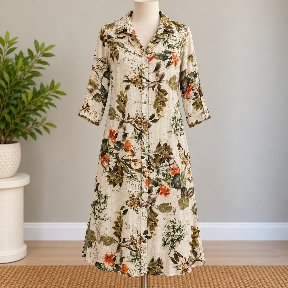 Unbranded Cotton Shirt Dress Beige Floral Tropical Botanical Midi Size M
